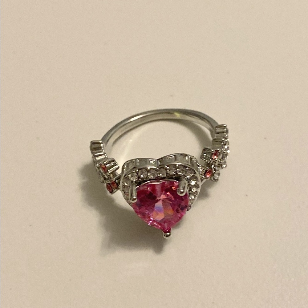 Heart-Cut Pink Crystal Ring with Pavé Accents - Women Jewelry size 6